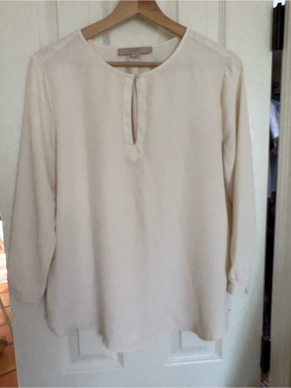 LOFT Cream Long-Sleeve Keyhole Blouse